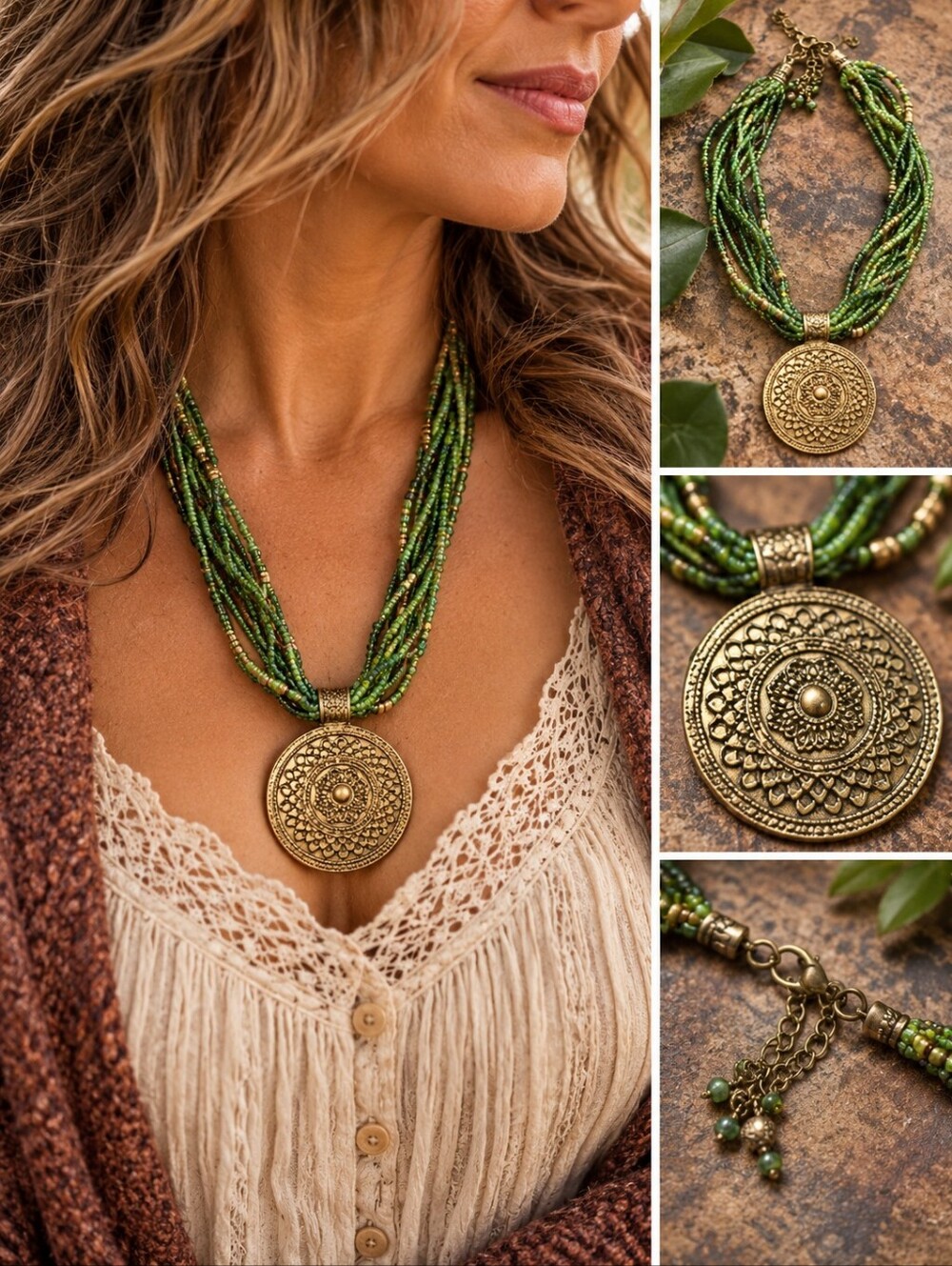 Tribal style‎ necklace gold tone, green beaded strands with Metal Pendant